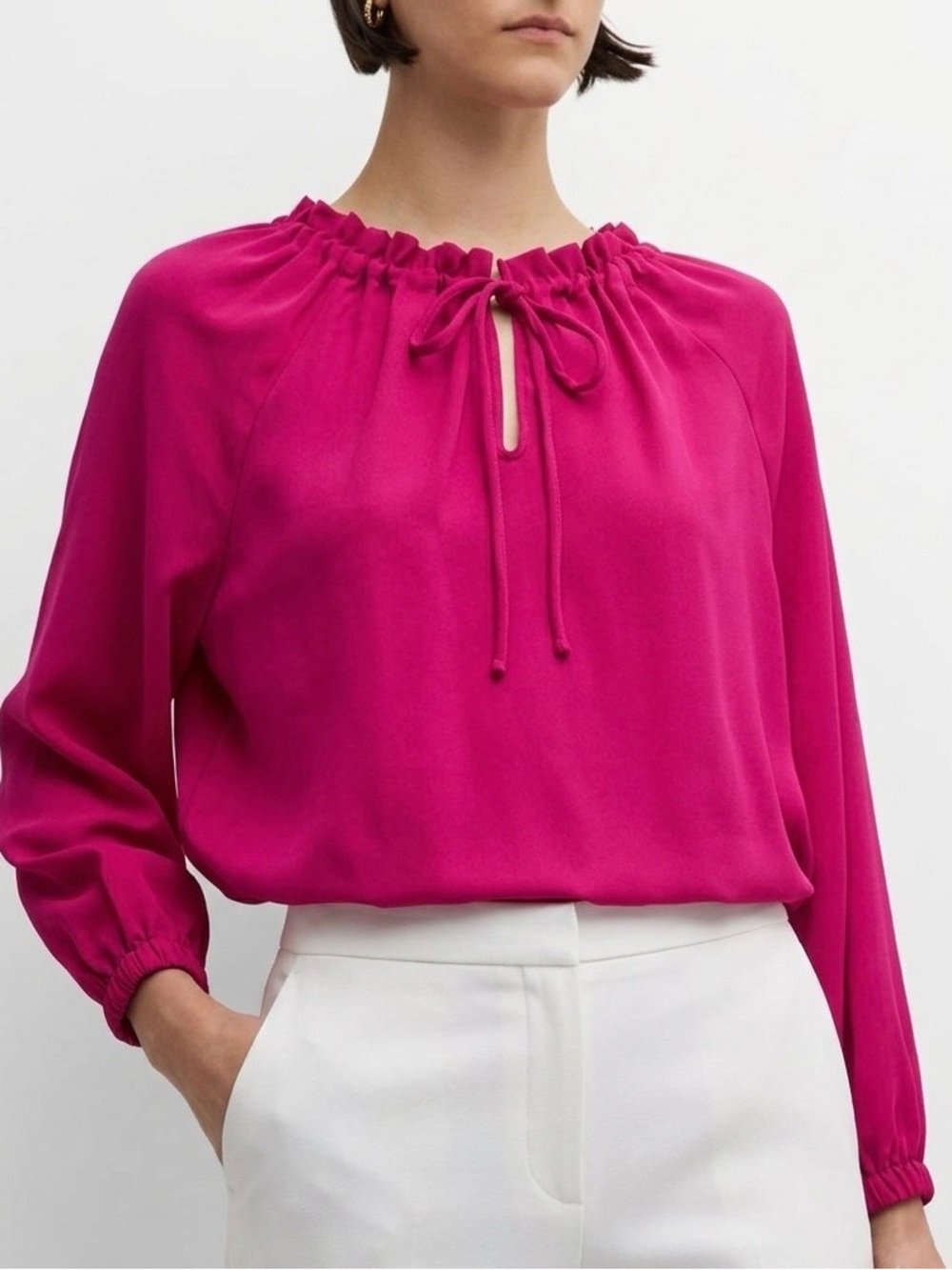💗 Emporio Armani Magenta Hot Pink Ruffle Tie Neck Blouse Size IT 42 US 6 M